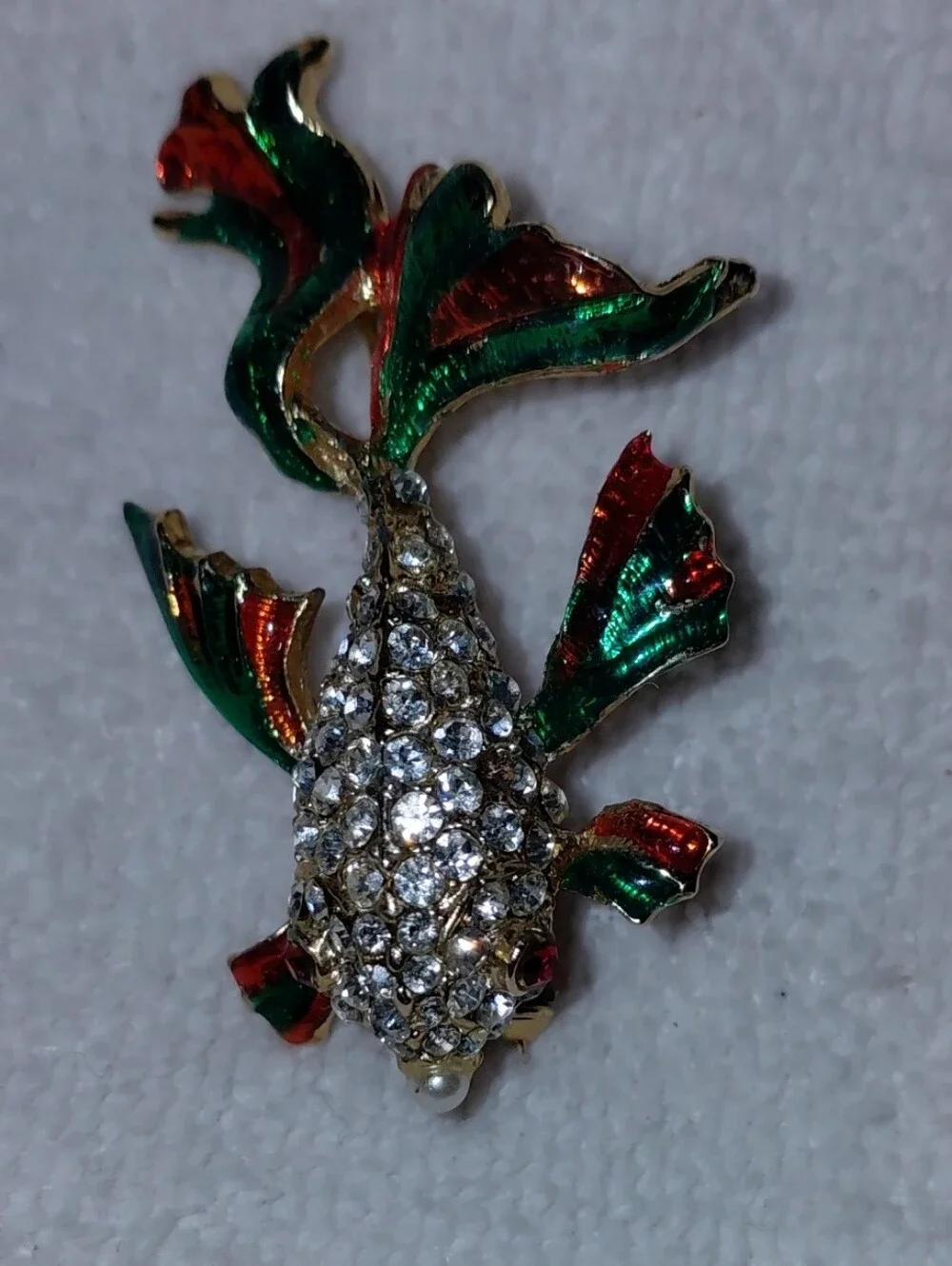 Vintage Crystal Encrusted Koi Fish Brooch in Green and Red Enamel